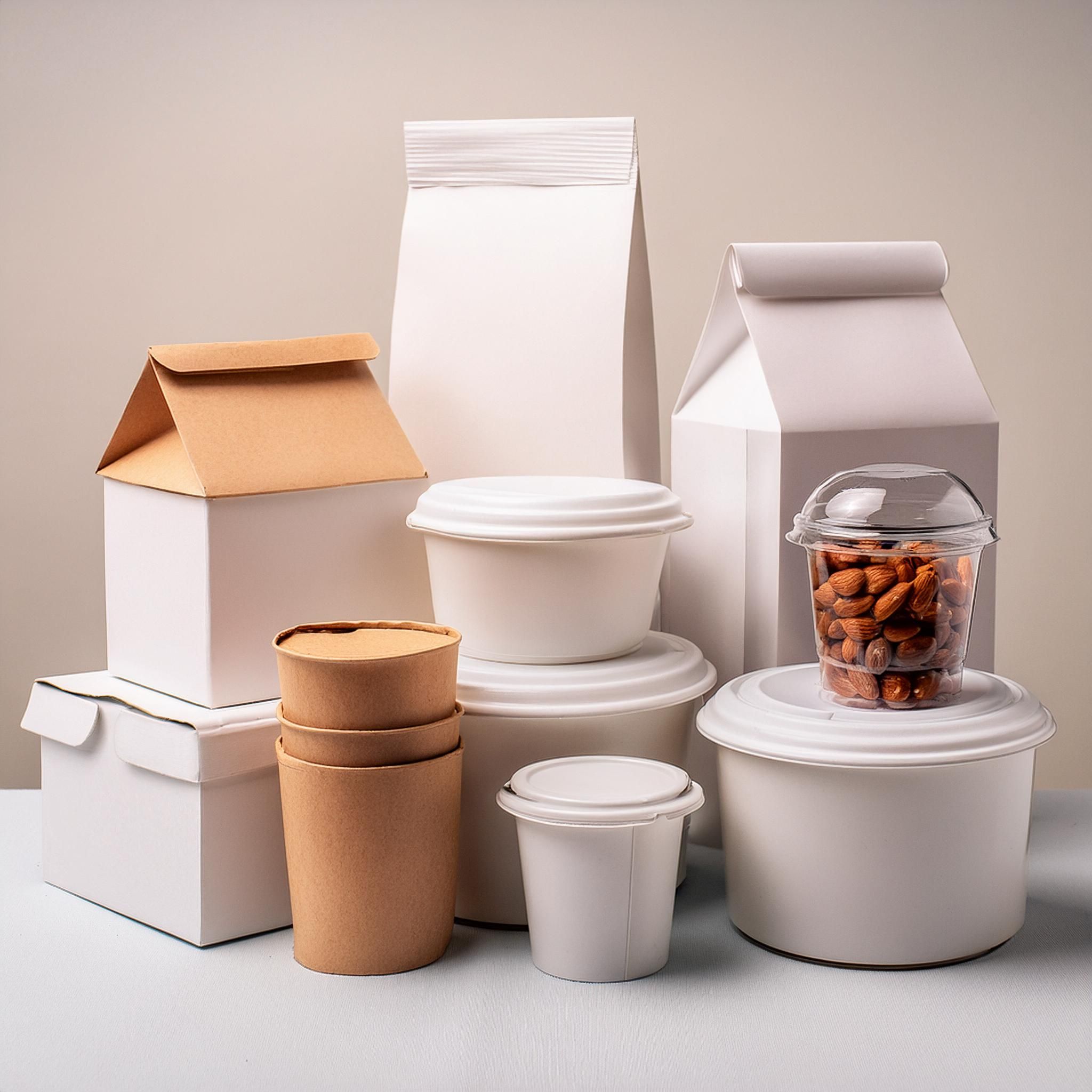 Eine Auswahl an Lebensmittelverpackungen in weiß ohne Logos, Hintergrund weiß. Erstellt mit Adobe Firefly.